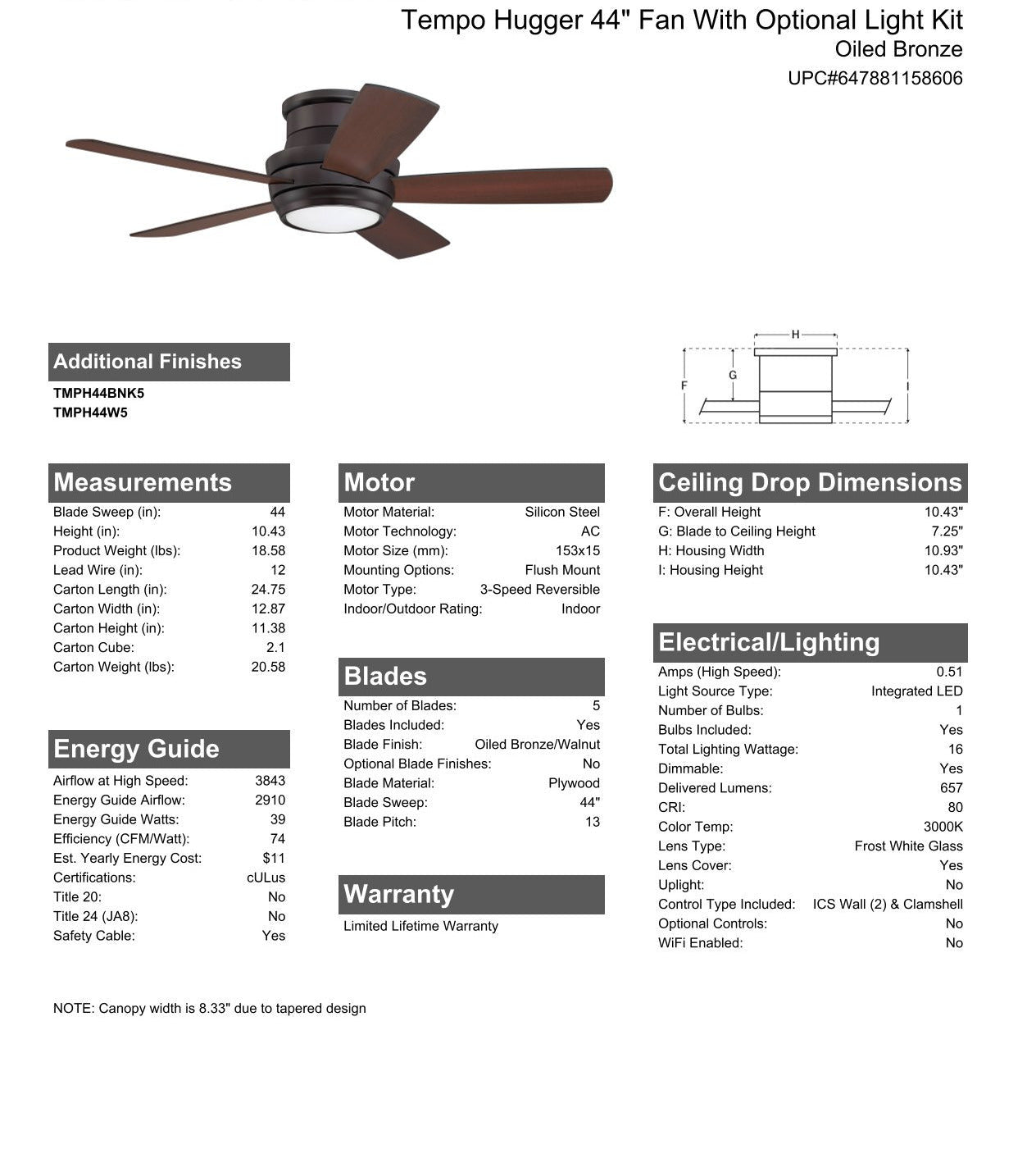 44" Tempo Hugger in Oiled Bronze w/ Oiled Bronze/Walnut Blades Ceiling Fan CRAFTMADE