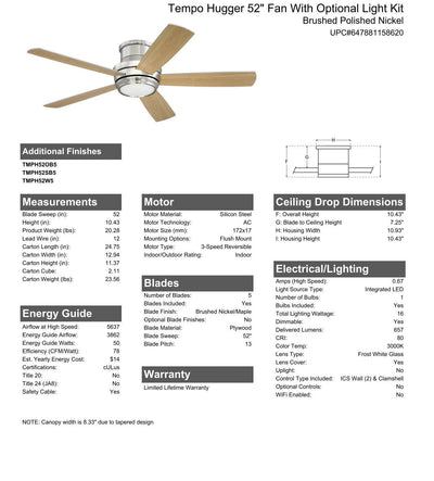 52" Tempo Hugger in Brushed Polished Nickel w/ Brushed Nickel/Maple Blades Ceiling Fan CRAFTMADE