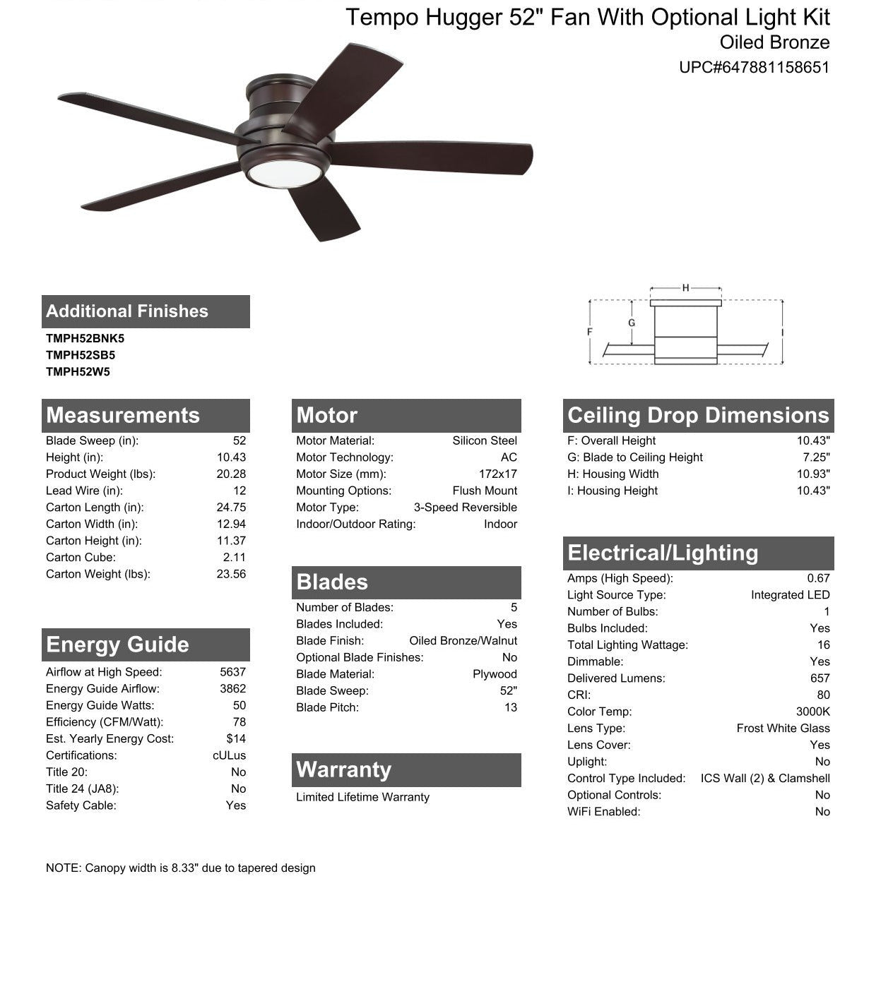 52" Tempo Hugger in Oiled Bronze w/ Oiled Bronze/Walnut Blades Ceiling Fan CRAFTMADE