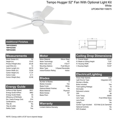 52" Tempo Hugger in White w/ White Blades Ceiling Fan CRAFTMADE