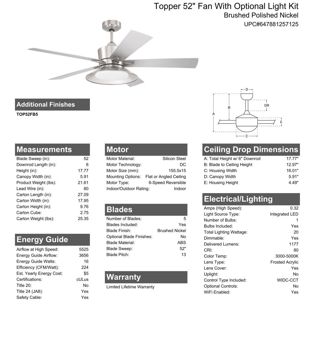 52" Topper in Brushed Polished Nickel w/ Brushed Nickel Blades Ceiling Fan CRAFTMADE