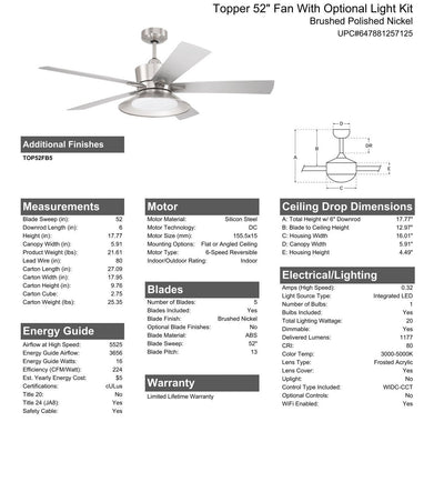 52" Topper in Brushed Polished Nickel w/ Brushed Nickel Blades Ceiling Fan CRAFTMADE