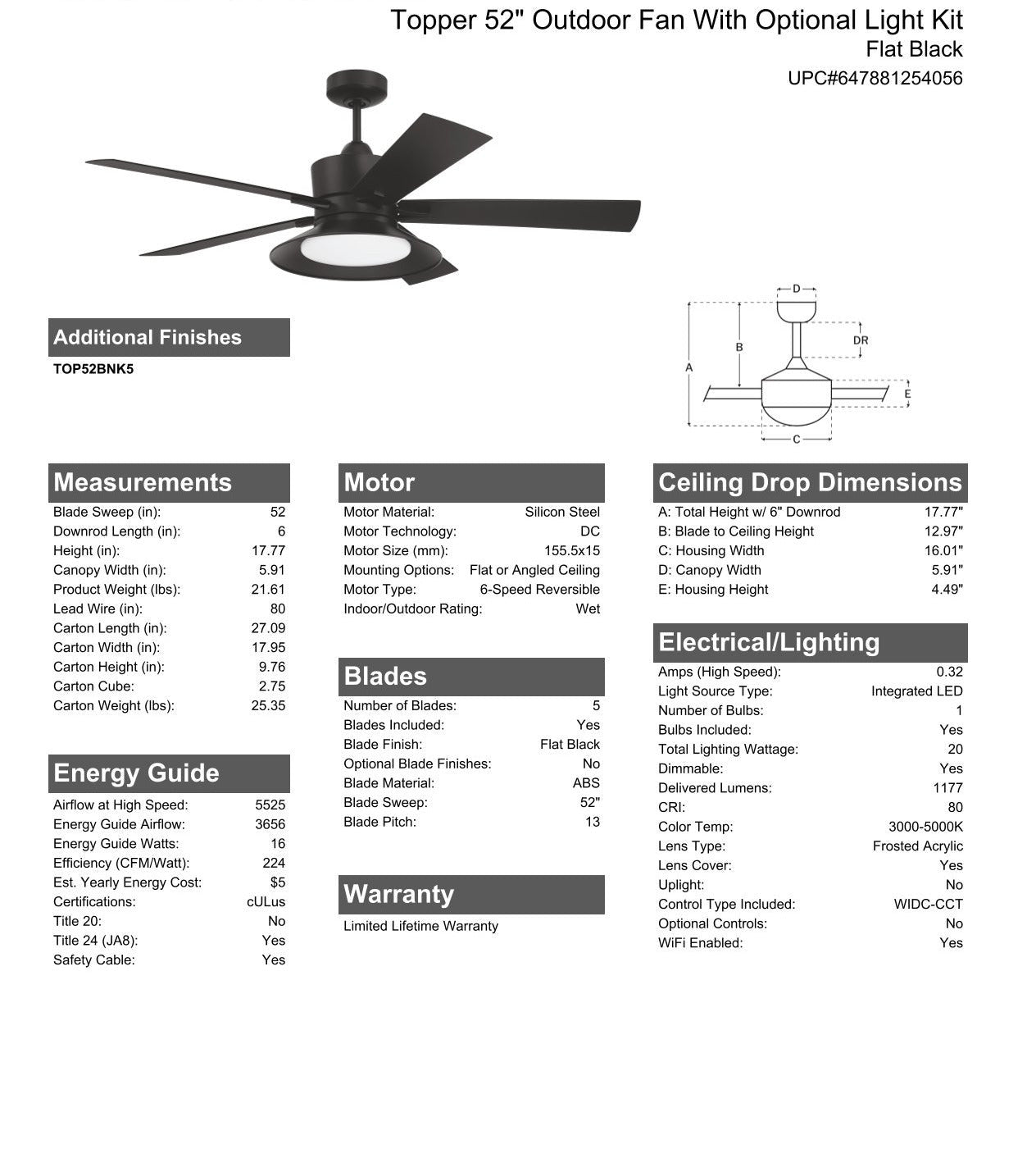 52" Topper in Flat Black w/ Flat Black Blades Ceiling Fan CRAFTMADE