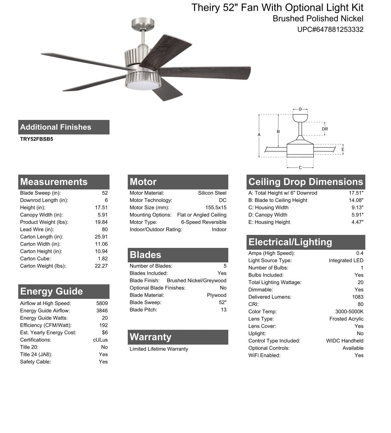 52" Theiry in Brushed Polished Nickel w/ Brushed Nickel/Greywood Blades Ceiling Fan CRAFTMADE