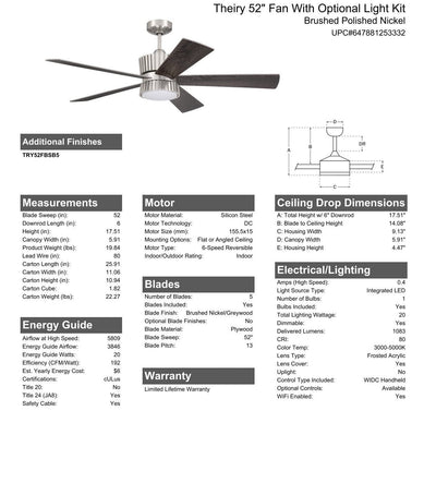 52" Theiry in Brushed Polished Nickel w/ Brushed Nickel/Greywood Blades Ceiling Fan CRAFTMADE