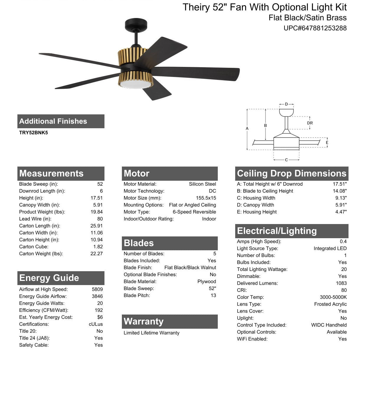 52" Theiry in Flat Black w/ Flat Black/Black Walnut Blades Ceiling Fan CRAFTMADE