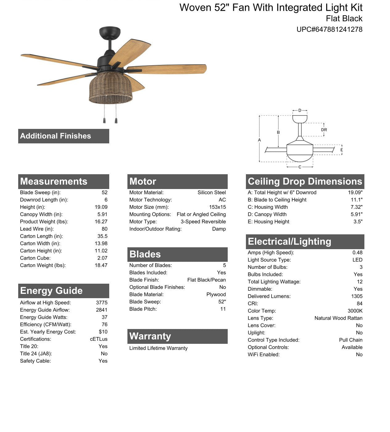 52" Woven in Flat Black  w/ Flat Black/Pecan Blades Ceiling Fan CRAFTMADE